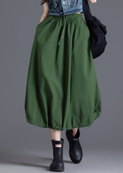 Diy Army Green Elastic Waist Drawstring Cotton Skirt Spring