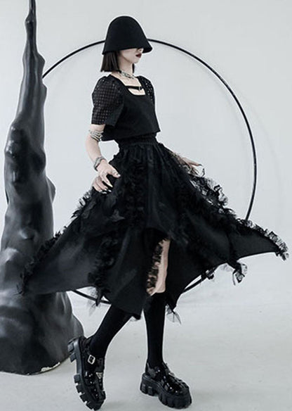 Diy Black Elastic Waist Asymmetrical Design Ruffled a Line Skirts Summer