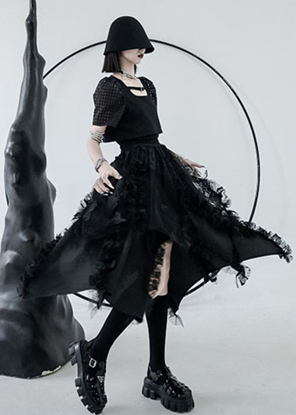 Diy Black Elastic Waist Asymmetrical Design Ruffled a Line Skirts Summer