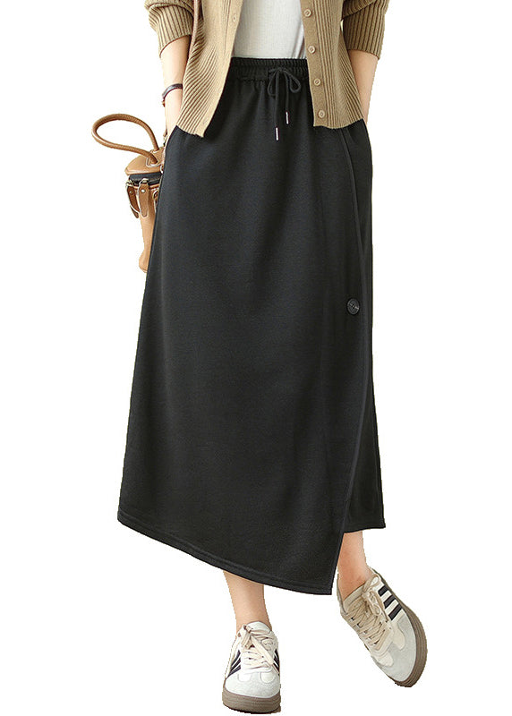 Black Asymmetrical Drawstring Cotton a Line Skirt Spring