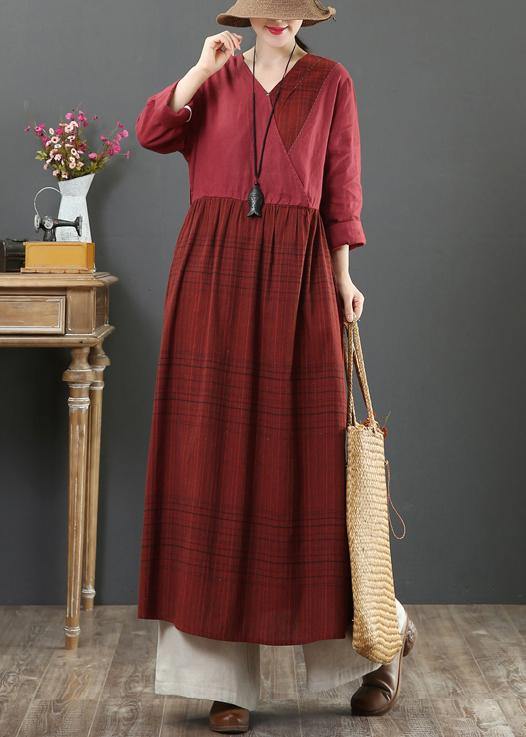 Modern Burgundy Plaid Tunic V Neck Tie Waist Maxi Spring Dress