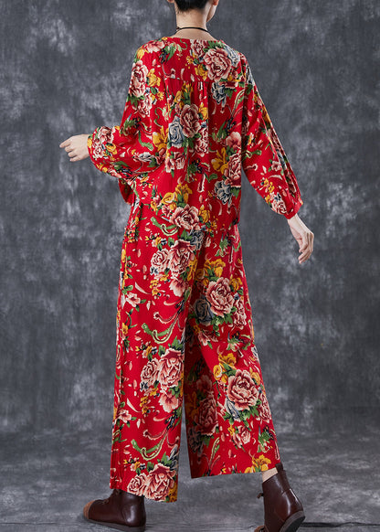 Chinese Style Red Print Oriental Linen Two Piece Set Fall
