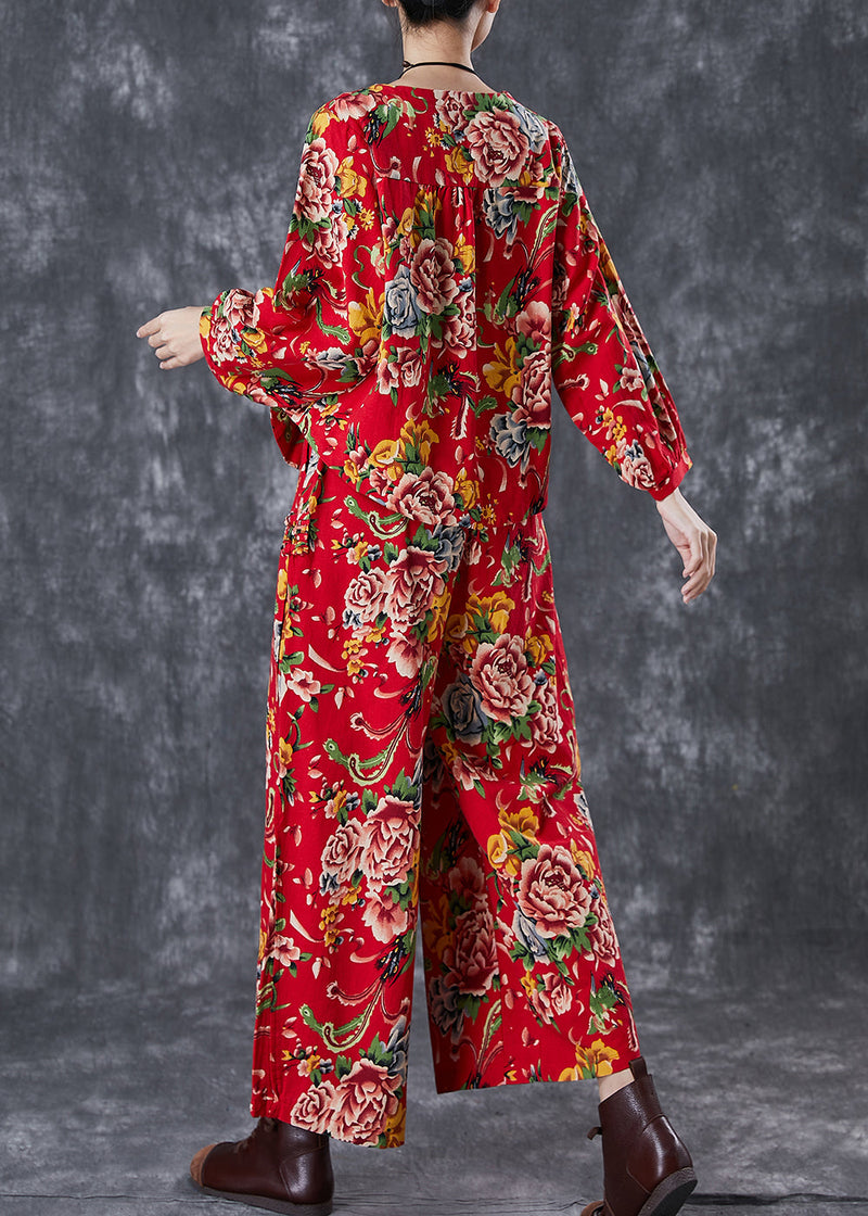 Chinese Style Red Print Oriental Linen Two Piece Set Fall