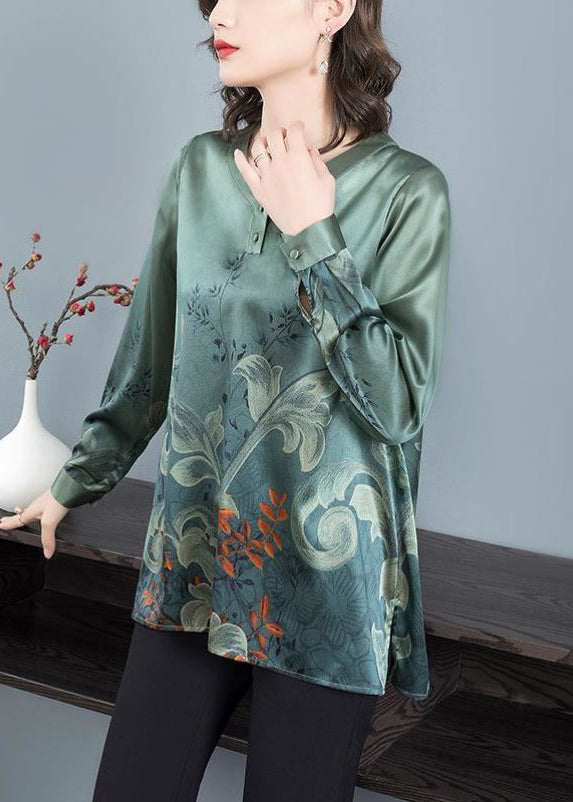 Blackish Green O Neck Print Patchwork Silk Top Fall