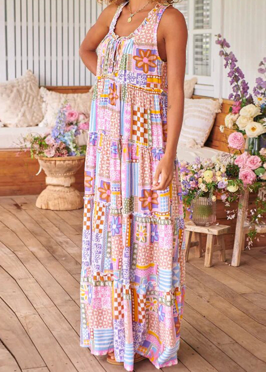 Pink Ruffled Print Cotton Long Dresses Sleeveless