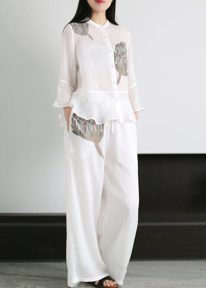 Loose White Stand Collar Patchwork Linen Two Pieces Set Flare Sleeve