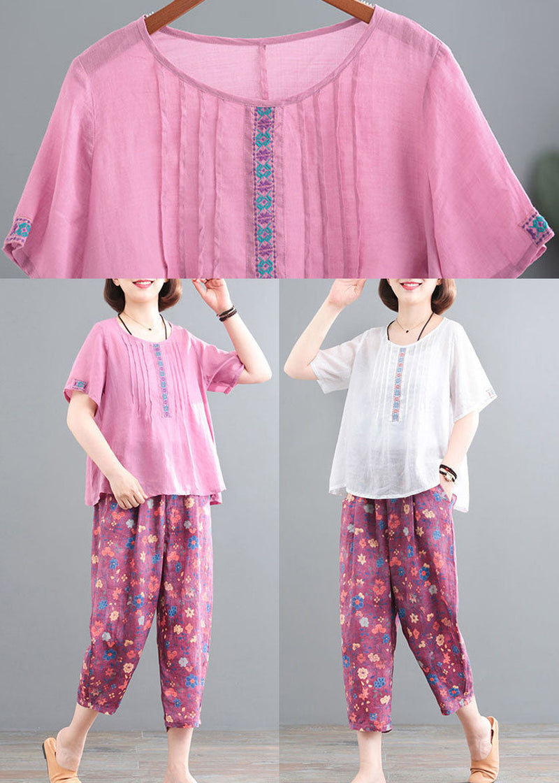 Handmade White Embroideried Print Linen Sets Two Pieces Summer
