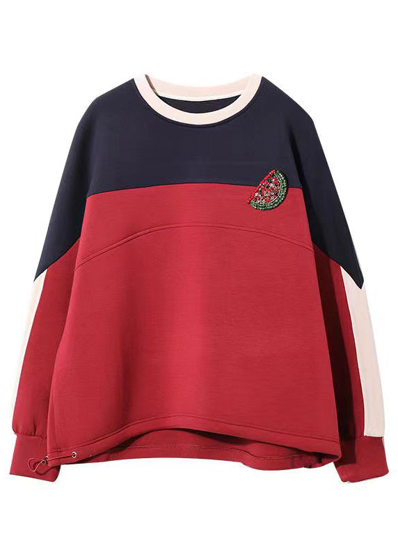 Loose Wine Red O-neck Patchwork Sweatshirt Fall
