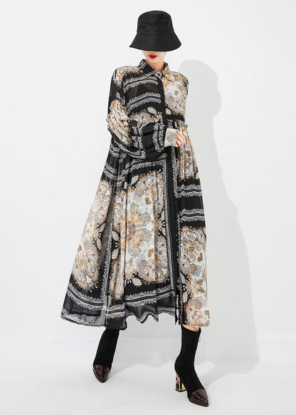 Black Print Oversized Wrinkled Chiffon Long Dresses Spring