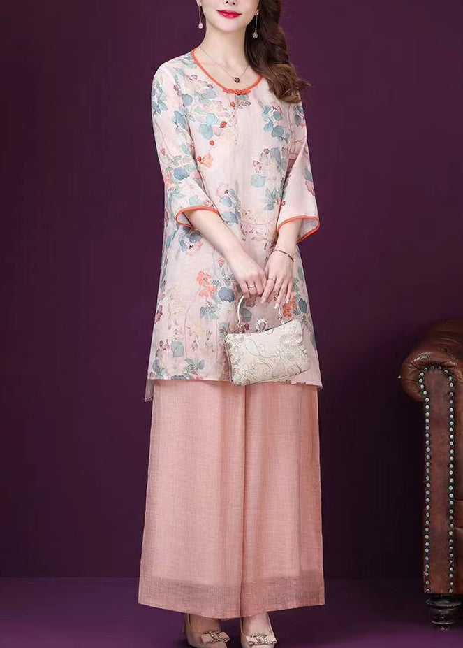 Loose Pink O Neck Print Tops and Pants Cotton Two Pieces Set Summer