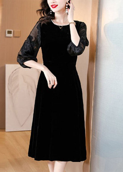 Black O-neck Embroideried Tulle Patchwork Silk Maxi Dresses Fall