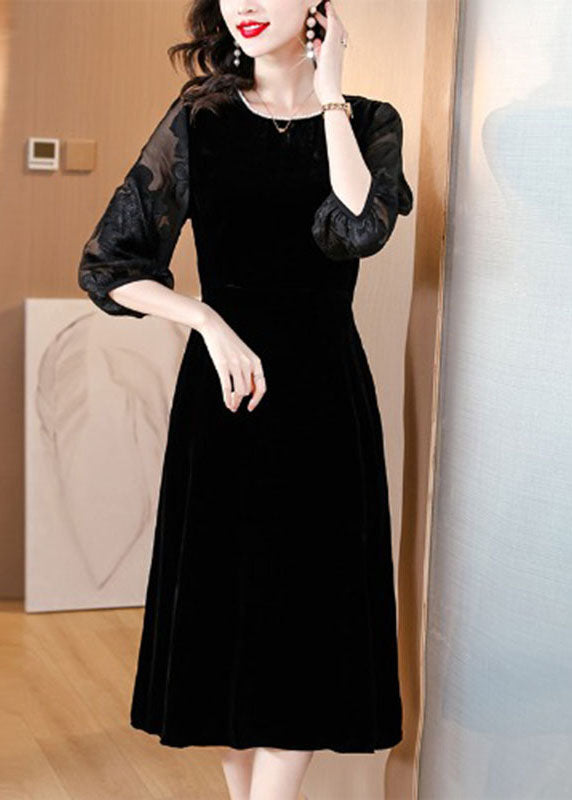Black O-neck Embroideried Tulle Patchwork Silk Maxi Dresses Fall