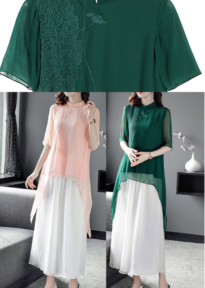 Blackish Green Stand Collar Silk Top and Crop Pantstwo Pieces Set Fall