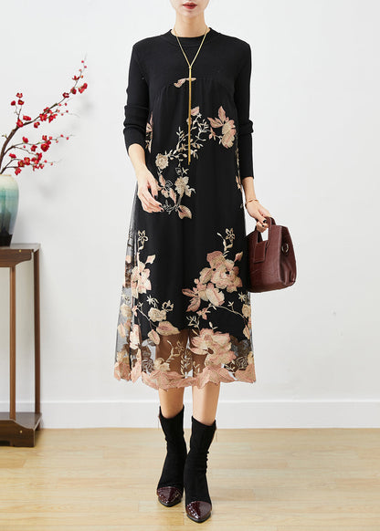 Light Pink Embroideried Patchwork Knit Dresses Fall