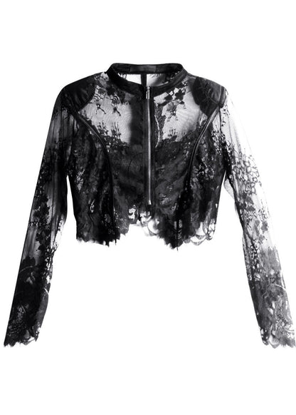 Black Zippered Tulle Summer Shirt Tops Long Sleeve
