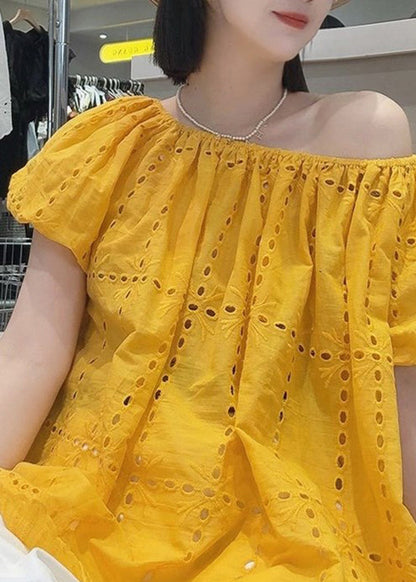 Loose Yellow Slash Neck Hollow Out Cotton Shirt Summer