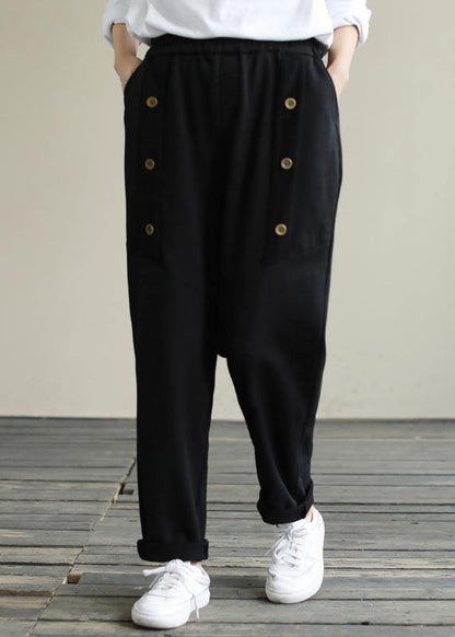 Vivid Black Jeans Spring Elastic Waist Patchwork Work Pant