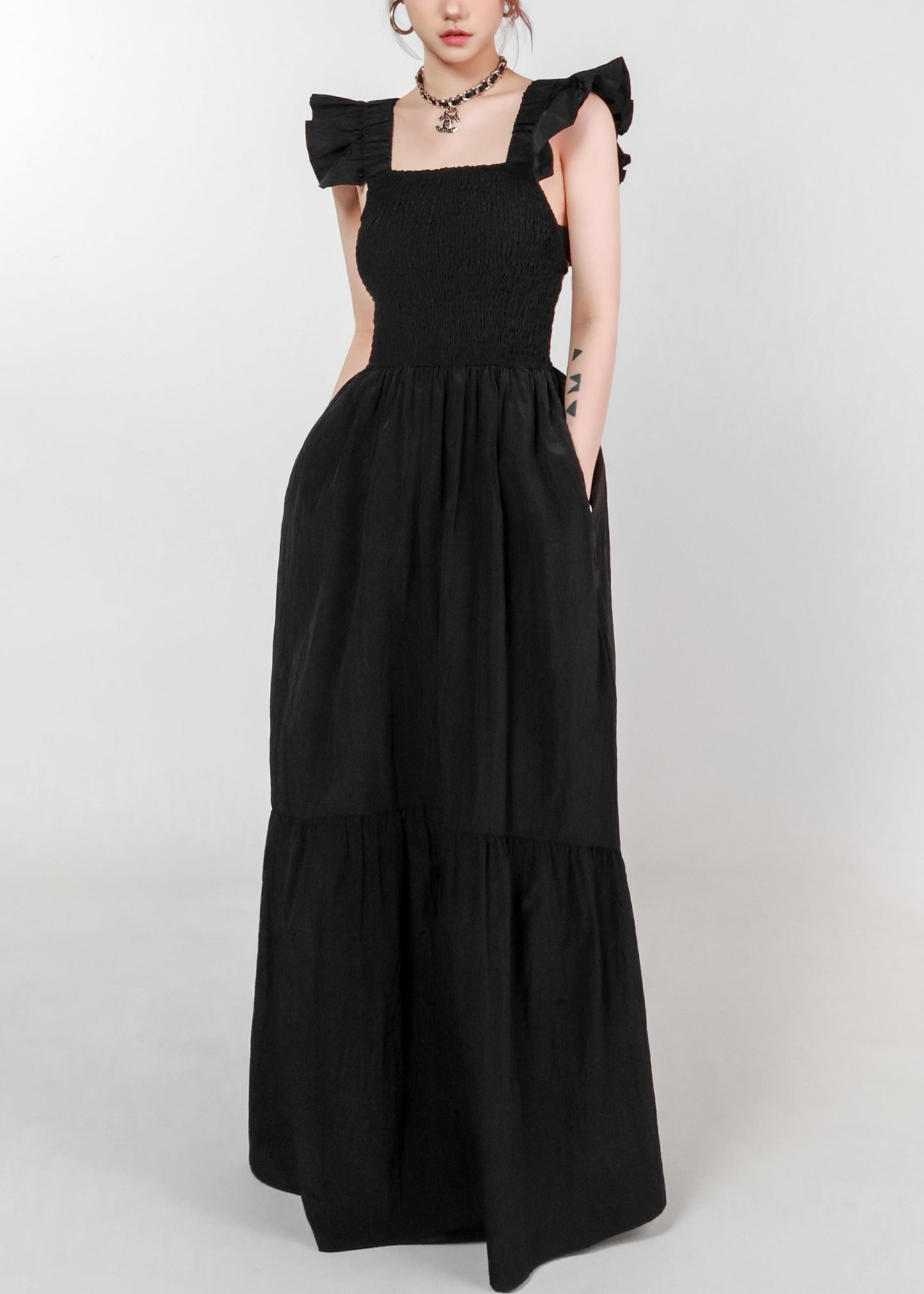 Black Pockets Cotton Dress Square Collar Butterfly Sleeve