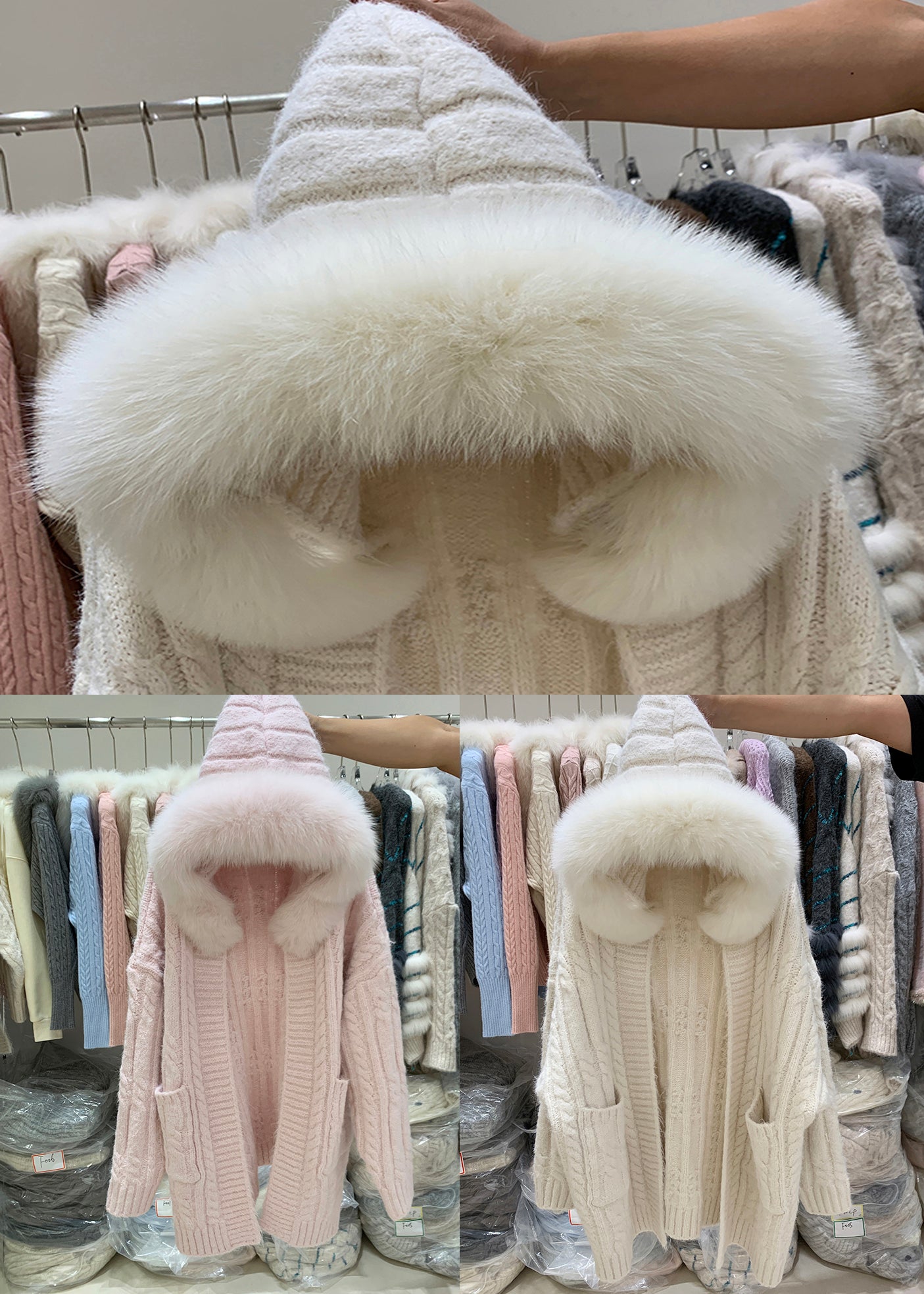 Beige Hooded Pockets Patchwork Knit Cardigan Winter