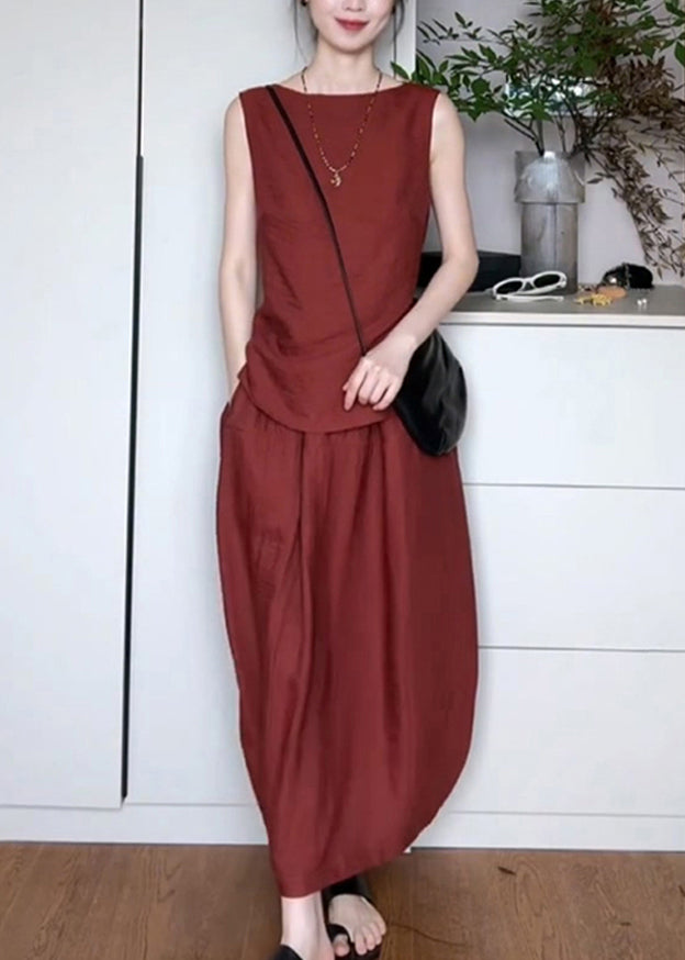Red Pockets Top and Maxi Skirts Two Piece Set Sleeveless