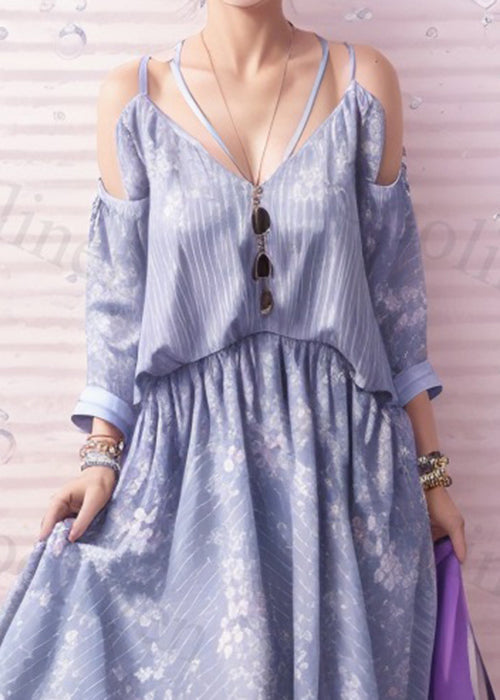 Italian Light Blue Cold Shoulder Print Silk Long Dresses Summer