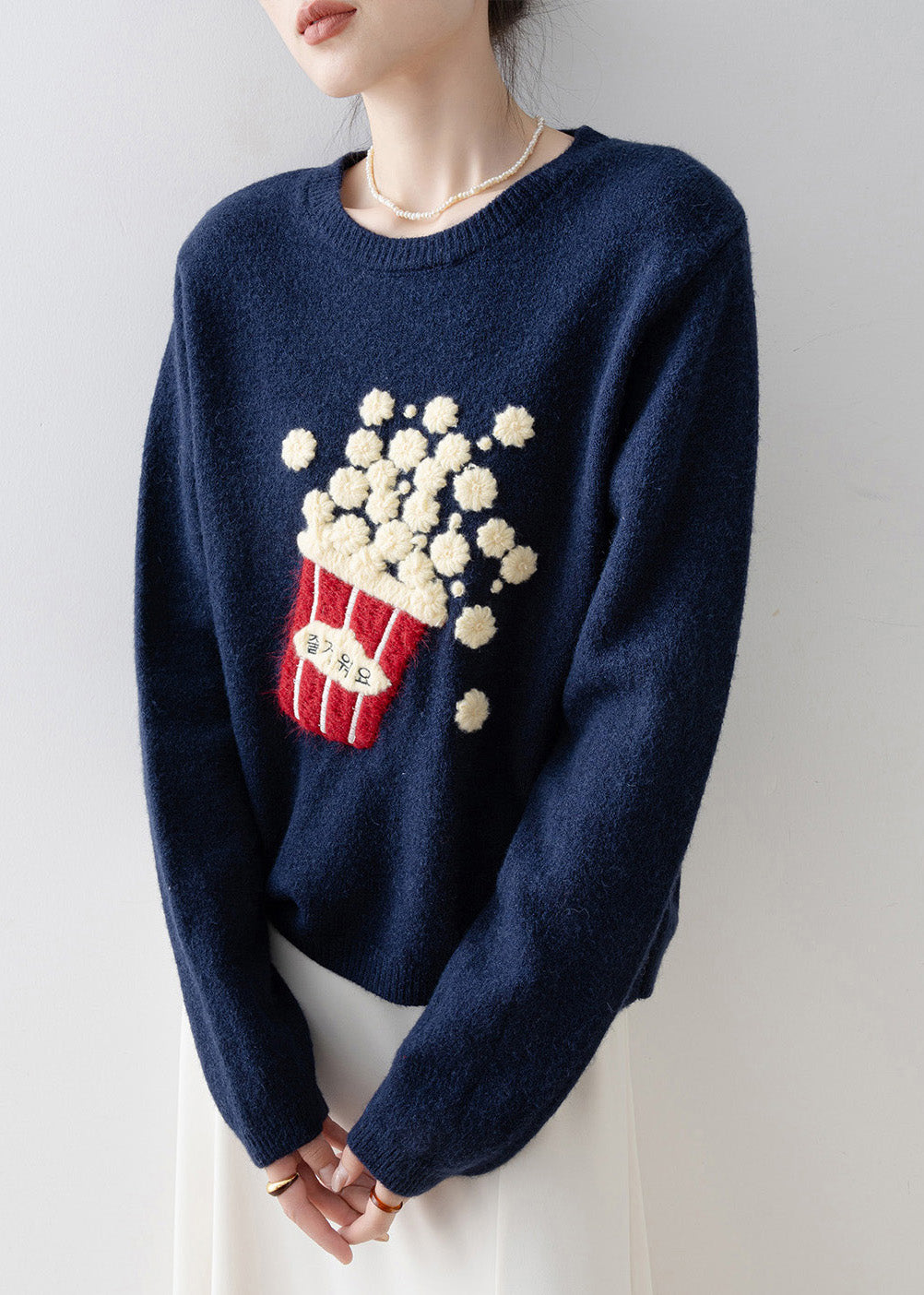 Versatile Navy O Neck Knit Sweaters Spring
