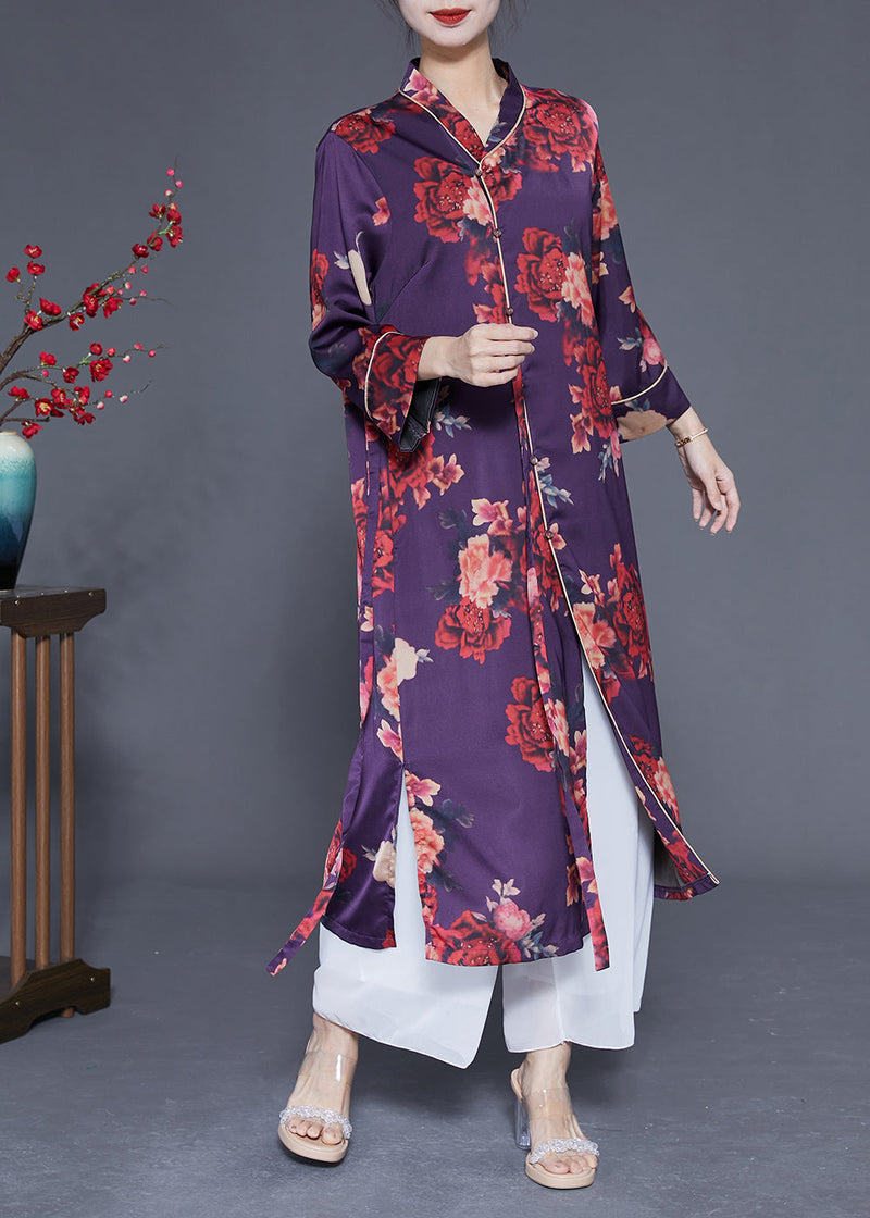Purple Print Lace Up Side Open Silk Long Dress Bracelet Sleeve