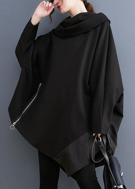 Black Turtle Neck Asymmetrical Patchwork Sweatshirts Fall