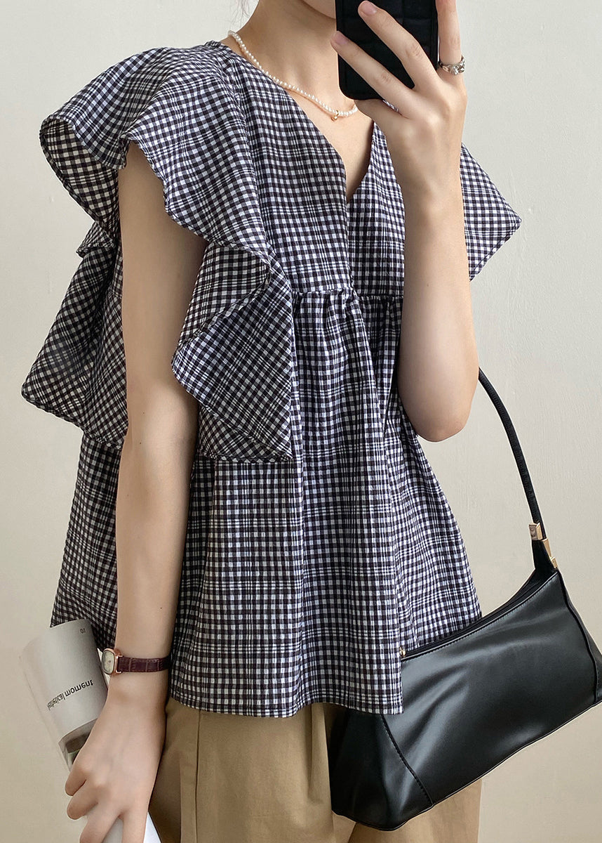 V Neck Plaid Cotton Shirts Top Butterfly Sleeve