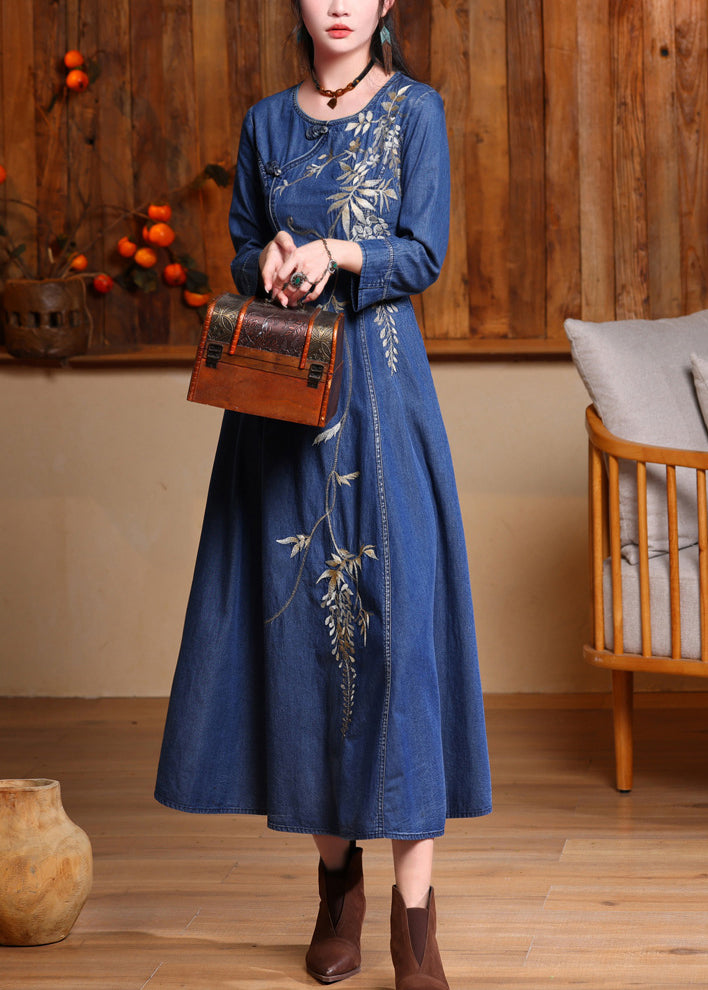 Blue O-neck Embroidered Button Long Denim Dresses Spring