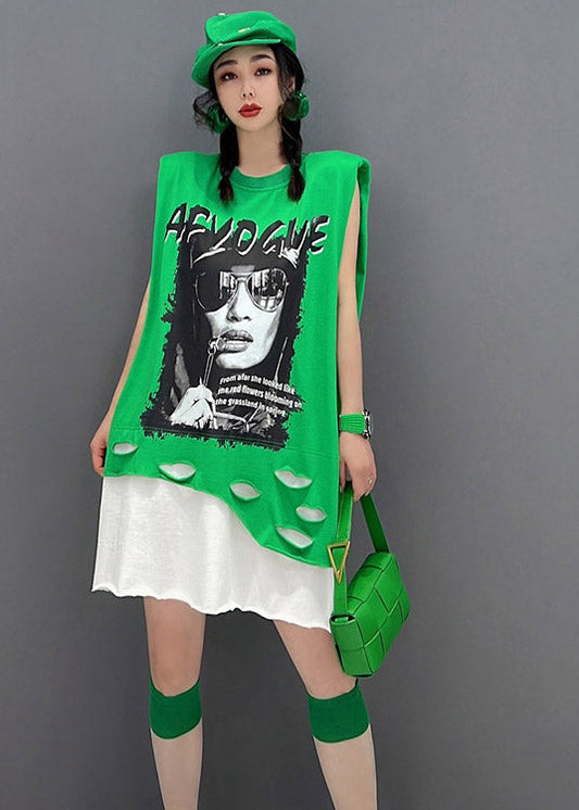 Green O-neck Print Patchwork Dress Sleeveless