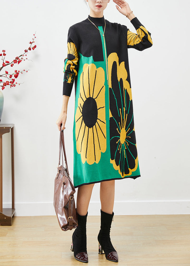 Classy Black Stand Collar Print Knit Dresses Fall