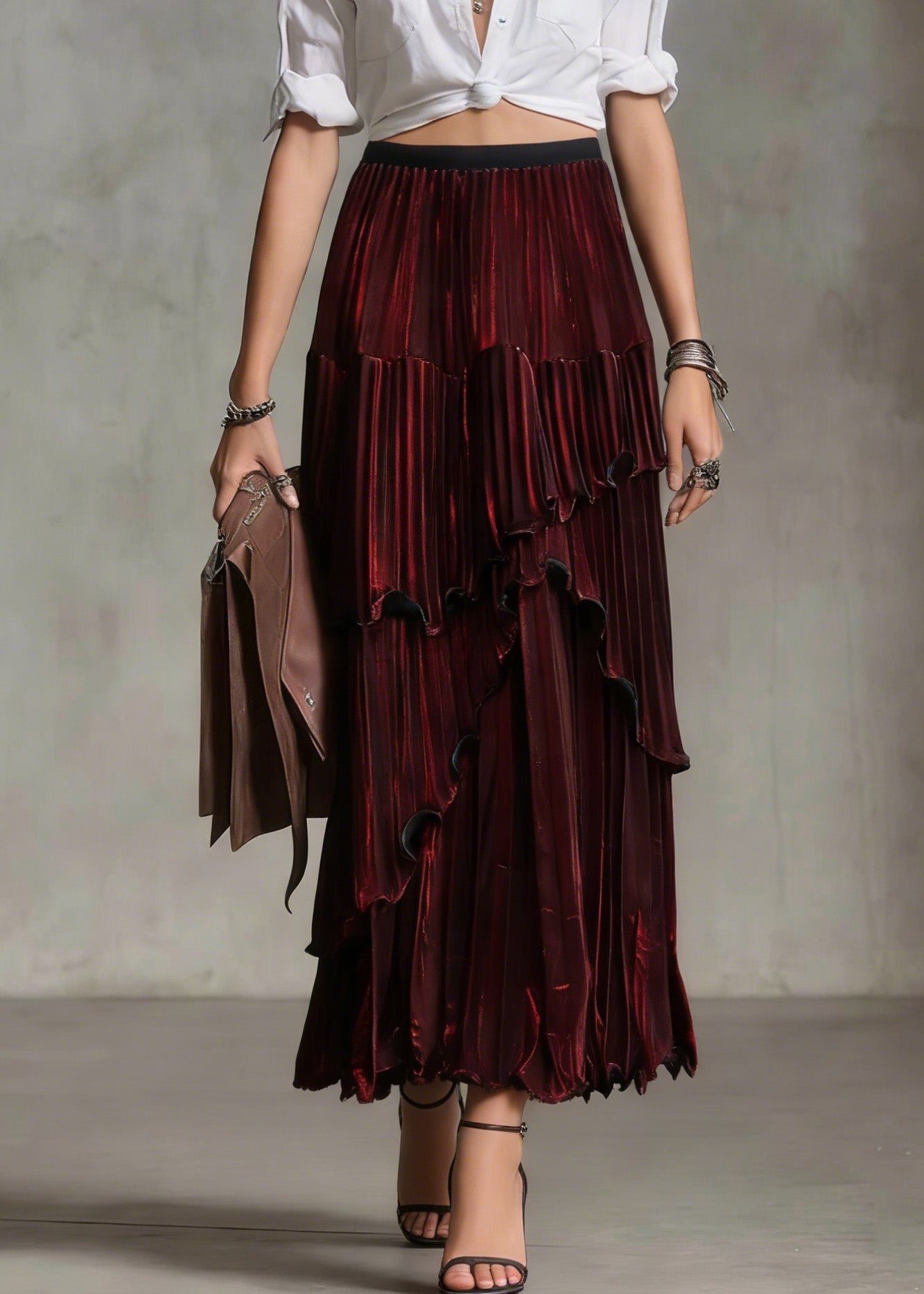 Style Mulberry Asymmetrical Ruffled Silk Skirt Spring