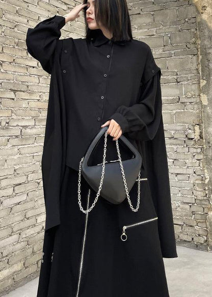 Black Asymmetrical Design Button Shirt Long Sleeve Spring