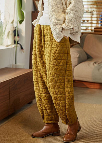 Simple Yellow Elastic Waist Cotton Filled Pants Winter
