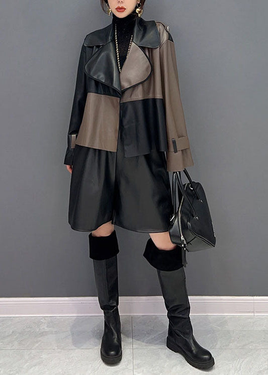 Unique Colorblock Notched Patchwork Faux Leather Coat Spring