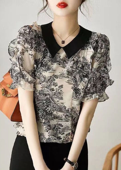 Black Peter Pan Collar Print Patchwork Chiffon Shirt Summer