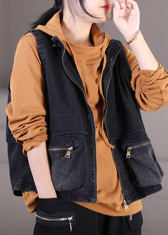 Diy Black Stand Collar Drawstring Patchwork Zippered Denim Coat Fall