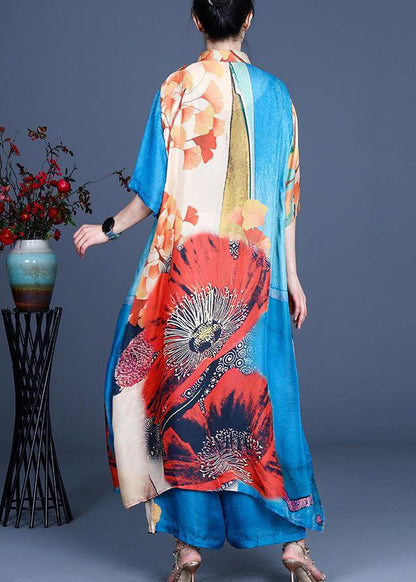 Fine Blue Print Stand Silk Two Piece Outfit Summer