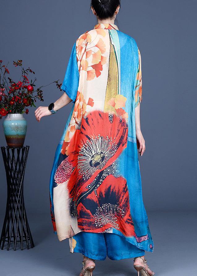 Fine Blue Print Stand Silk Two Piece Outfit Summer