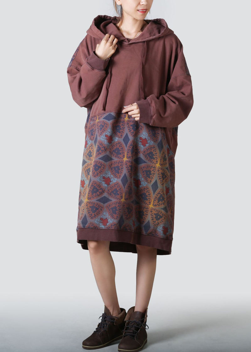 Coffee Hooded Patchwork Print Cotton Dresses Spring