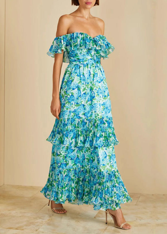 Green Cold Shoulder Ruffled Print Chiffon Vacation Dresses Summer