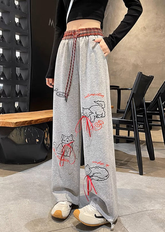 Grey Pockets Print Elastic Waist Cotton Pants Fall