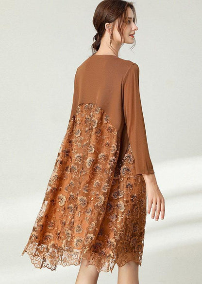 Fitted Khaki Tulle Jacquard Hollow Out Fall Long Sleeve Maxi Dress