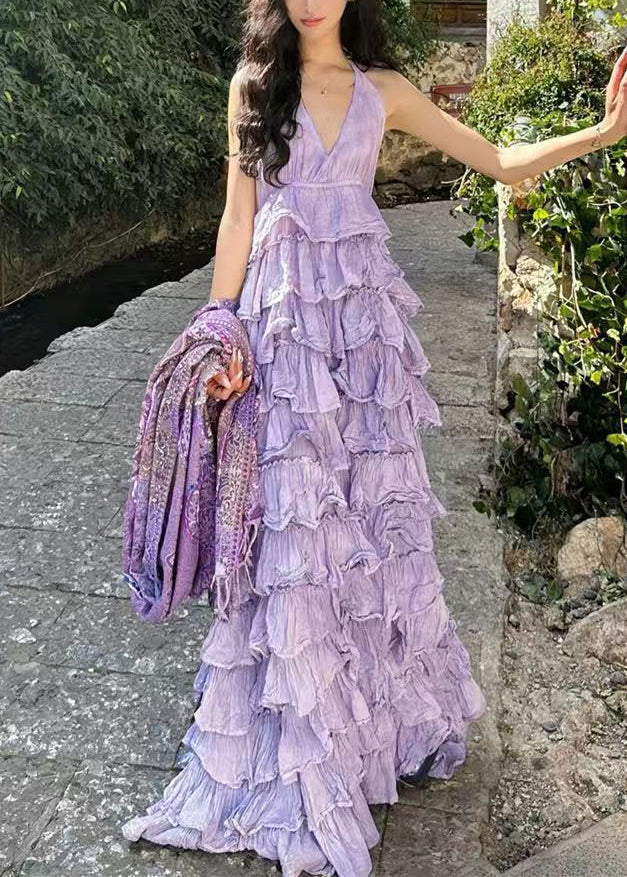 Purple V Neck Backless Cotton Maxi Dresses Sleeveless