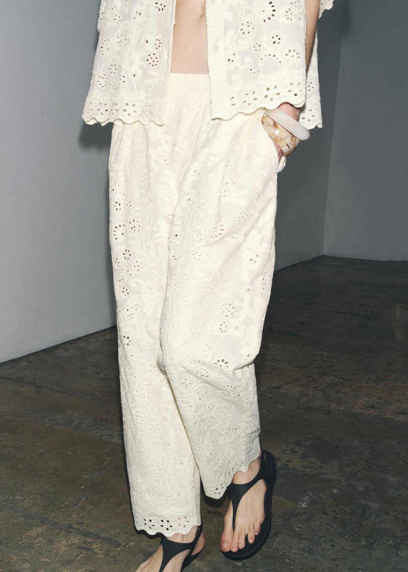 Loose White Embroidered Hollow Out Cotton Two-piece Set Half Sleeve