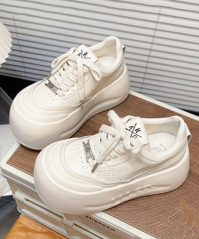 Lace Up Splicing Platform Shoes Beige Cowhide Leather