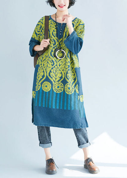 Blue O-neck Side Open Print Sweatshirts Dresses Spring