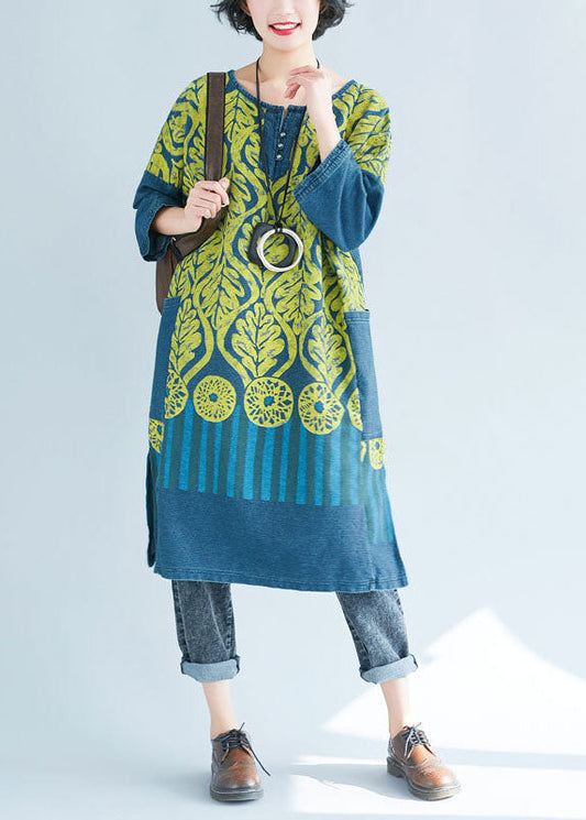 Blue O-neck Side Open Print Sweatshirts Dresses Spring