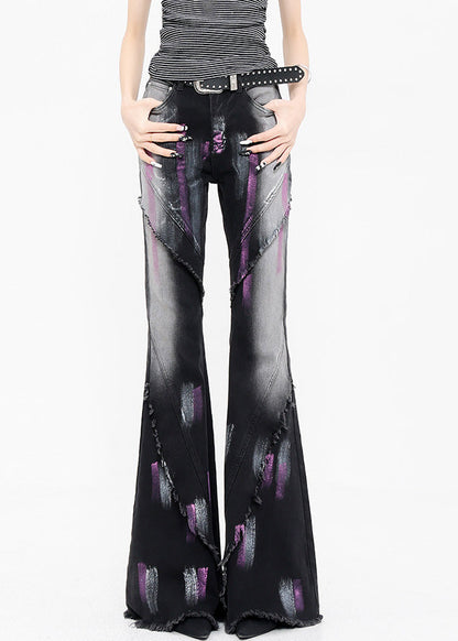 Black Graffiti Ruffled Patchwork Denim Flared Trousers Fall